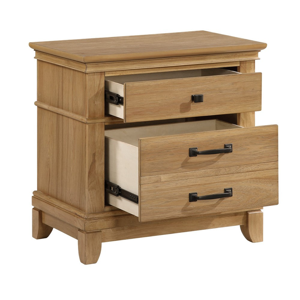 Benjara Seny Nightstand, 2 Drawers w Black Handles And 1 Knob, Honey Brown