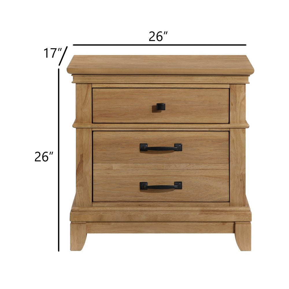 Benjara Seny Nightstand, 2 Drawers w Black Handles And 1 Knob, Honey Brown