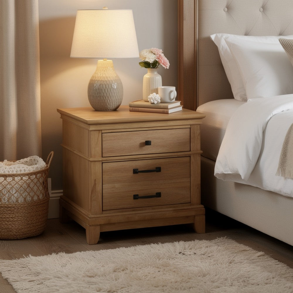 Benjara Seny Nightstand, 2 Drawers w Black Handles And 1 Knob, Honey Brown