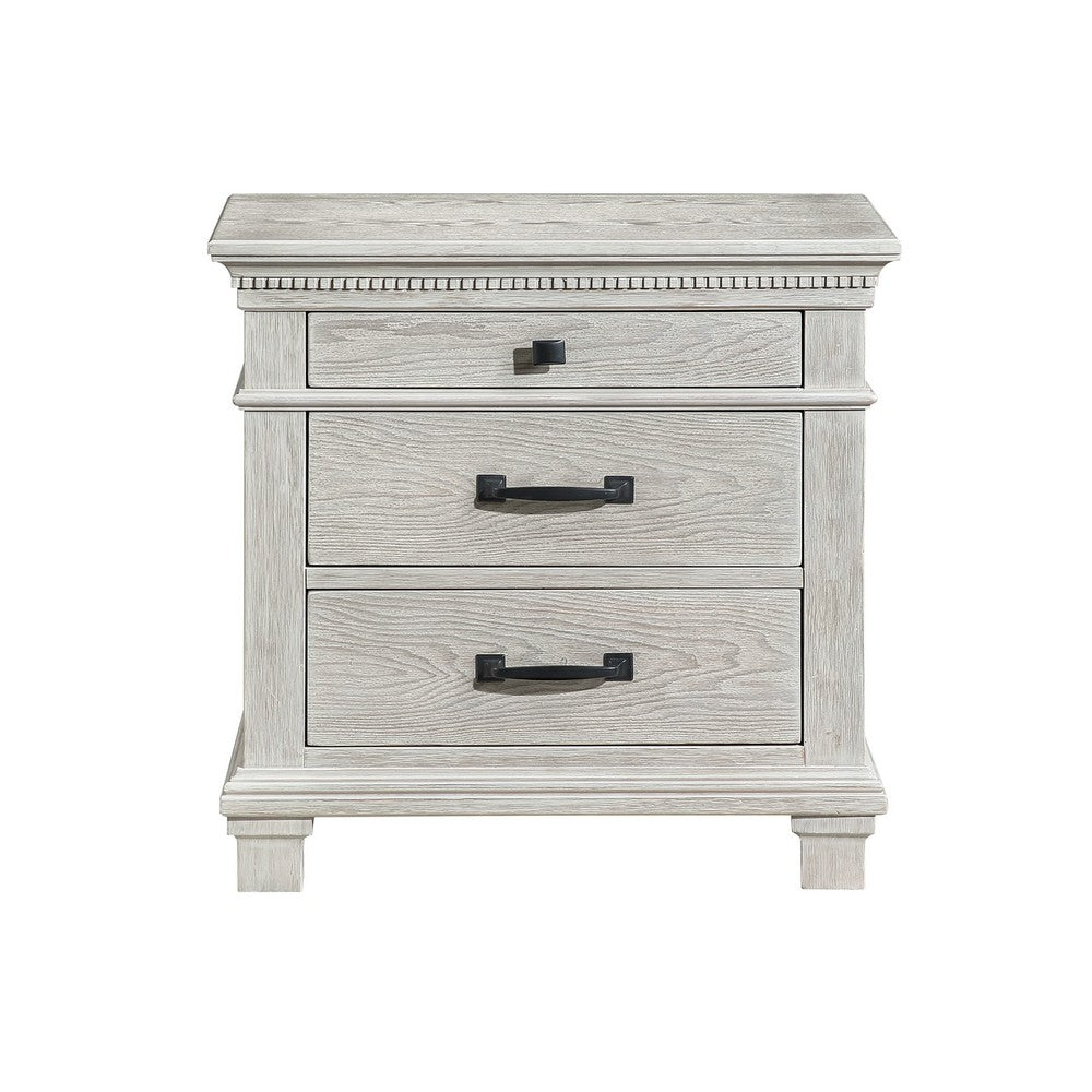 Benjara Avy Nightstand, 3 Drawers w Black Handles And 1 Knob, Mist Gray