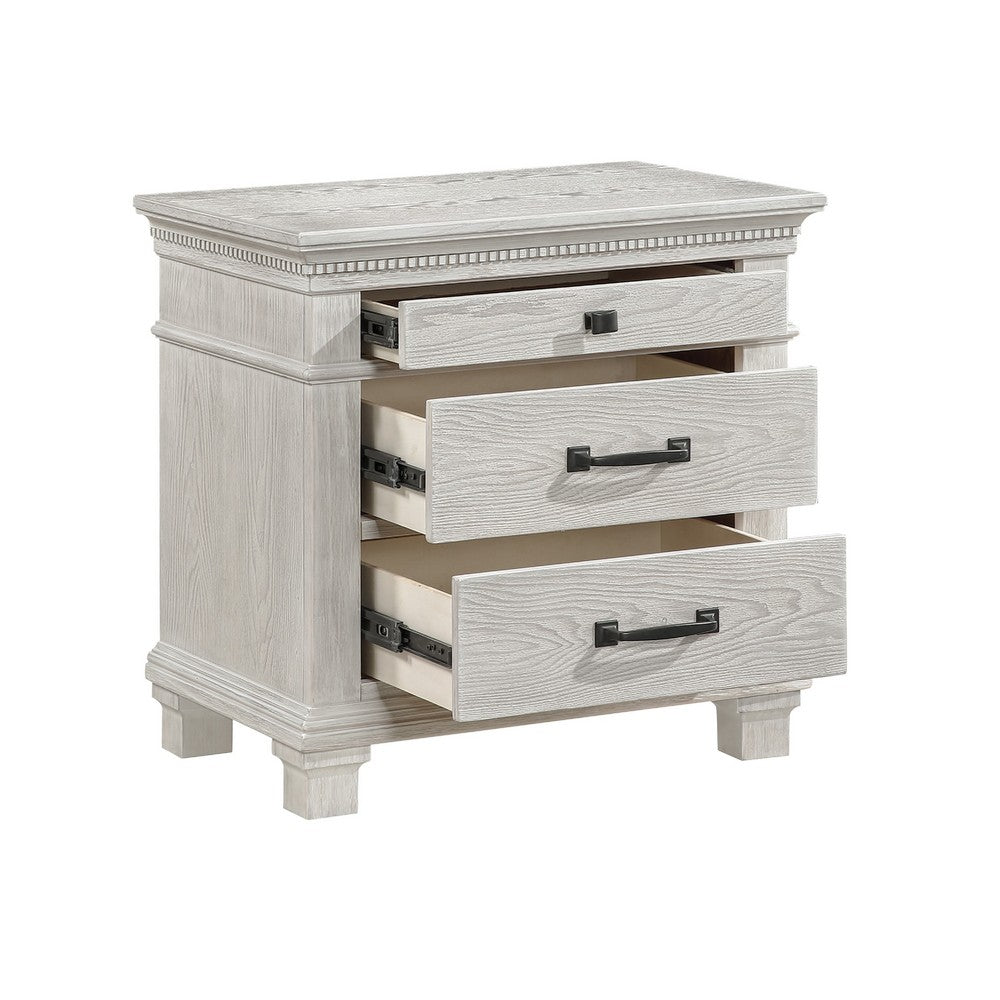 Benjara Avy Nightstand, 3 Drawers w Black Handles And 1 Knob, Mist Gray
