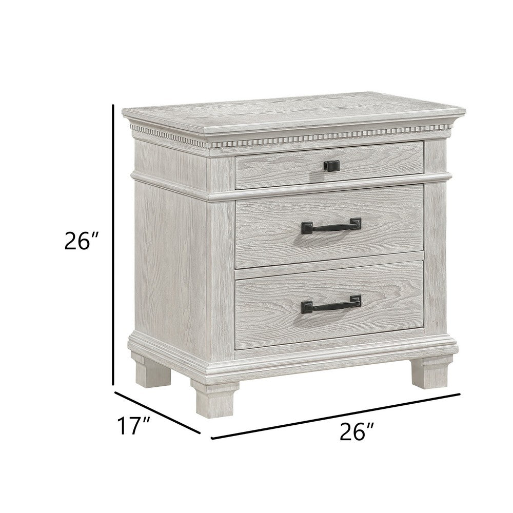 Benjara Avy Nightstand, 3 Drawers w Black Handles And 1 Knob, Mist Gray