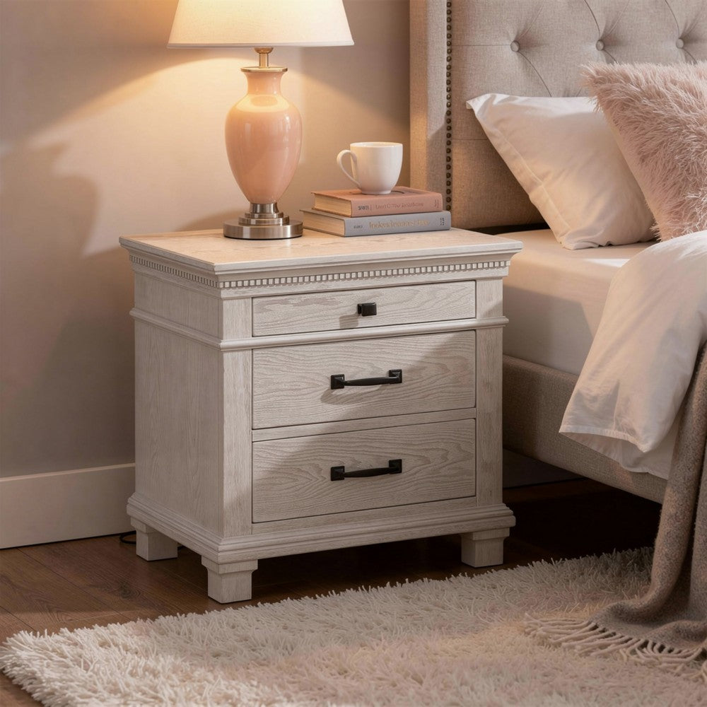 Benjara Avy Nightstand, 3 Drawers w Black Handles And 1 Knob, Mist Gray