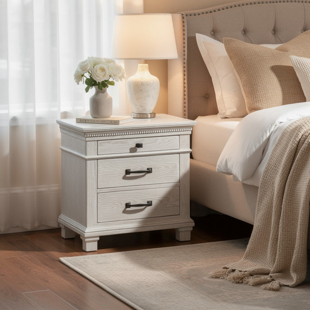 Benjara Avy Nightstand, 3 Drawers w Black Handles And 1 Knob, Mist Gray