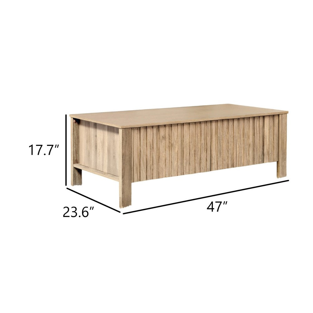 Benjara Hay Coffee Table, 47 Inch Rectangular Top, 2 Reeded Drawers, Beige