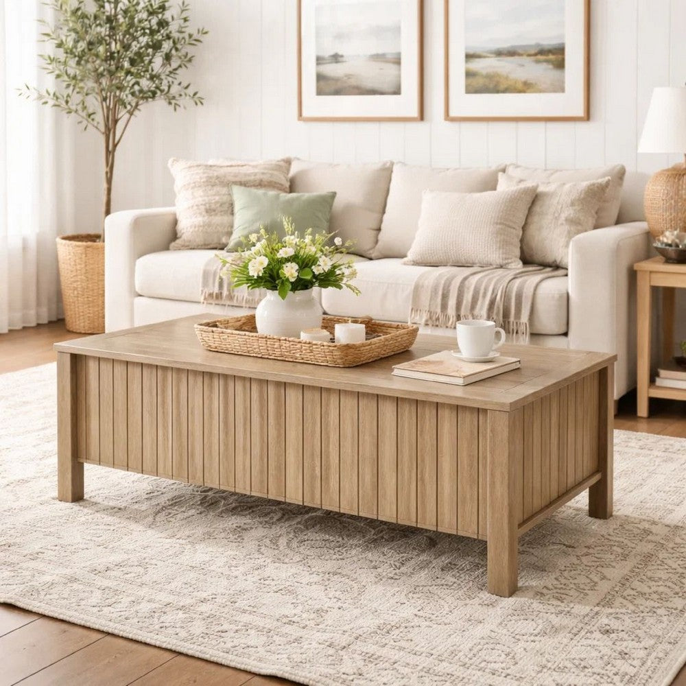 Benjara Hay Coffee Table, 47 Inch Rectangular Top, 2 Reeded Drawers, Beige
