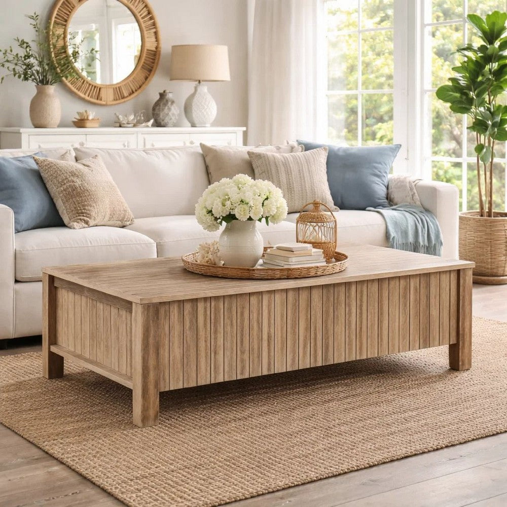 Benjara Hay Coffee Table, 47 Inch Rectangular Top, 2 Reeded Drawers, Beige