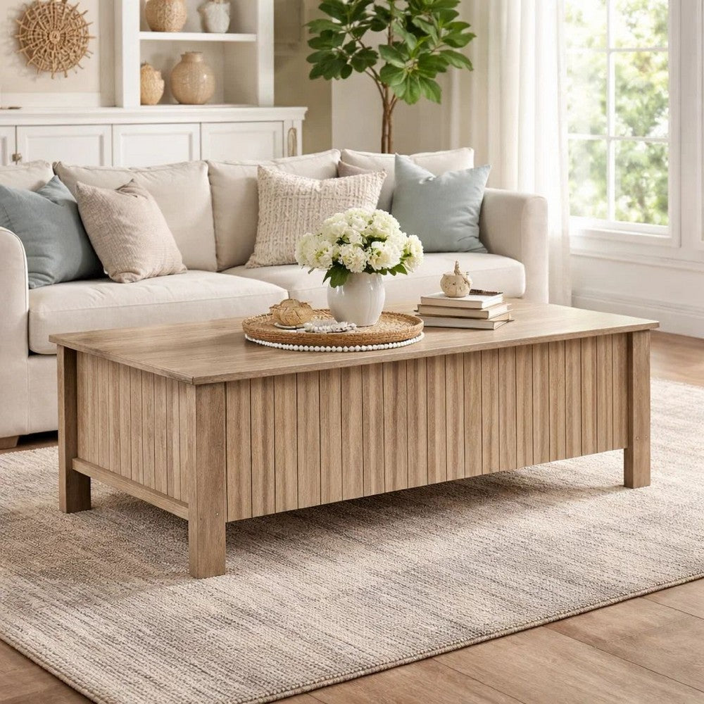 Benjara Hay Coffee Table, 47 Inch Rectangular Top, 2 Reeded Drawers, Beige