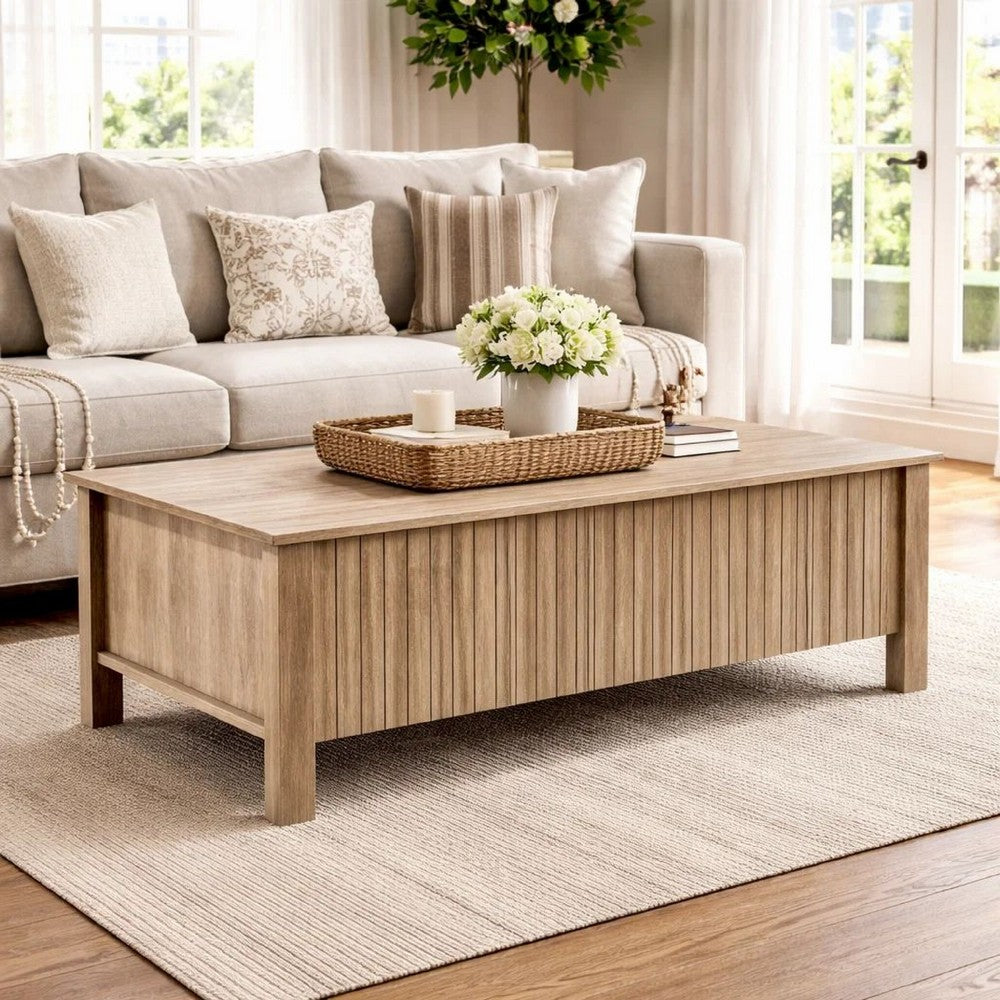 Benjara Hay Coffee Table, 47 Inch Rectangular Top, 2 Reeded Drawers, Beige