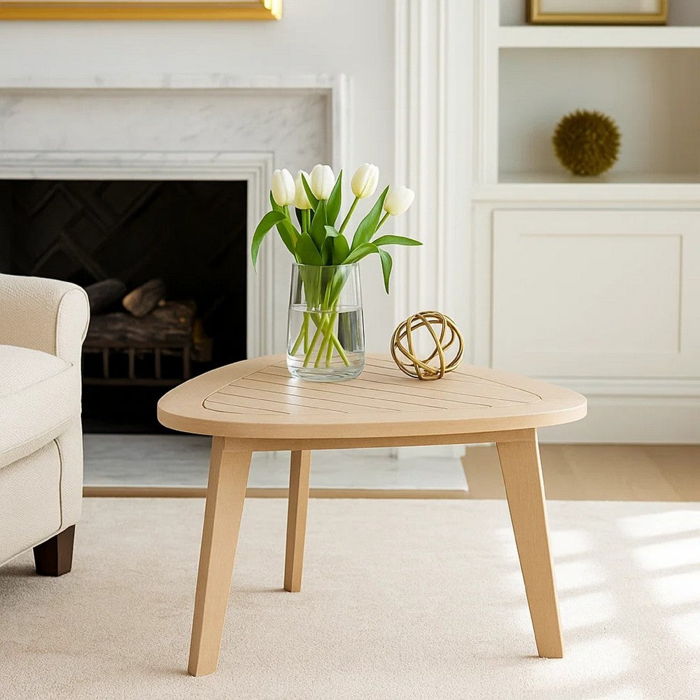 Benjara Outdoor Side End Table, 28 Inch Slatted Triangle Top, Natural Brown
