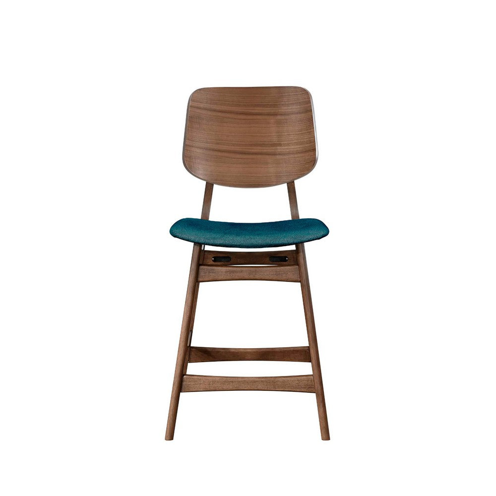 Benjara Scar Counter Height Chair Set of 2, Teal Green Cushion, Walnut Brown