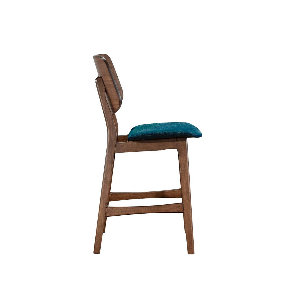 Benjara Scar Counter Height Chair Set of 2, Teal Green Cushion, Walnut Brown