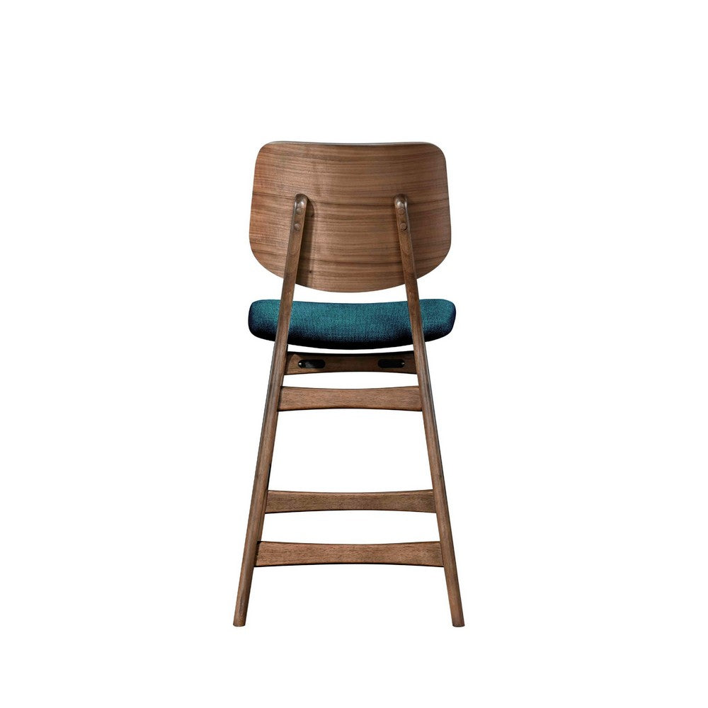Benjara Scar Counter Height Chair Set of 2, Teal Green Cushion, Walnut Brown
