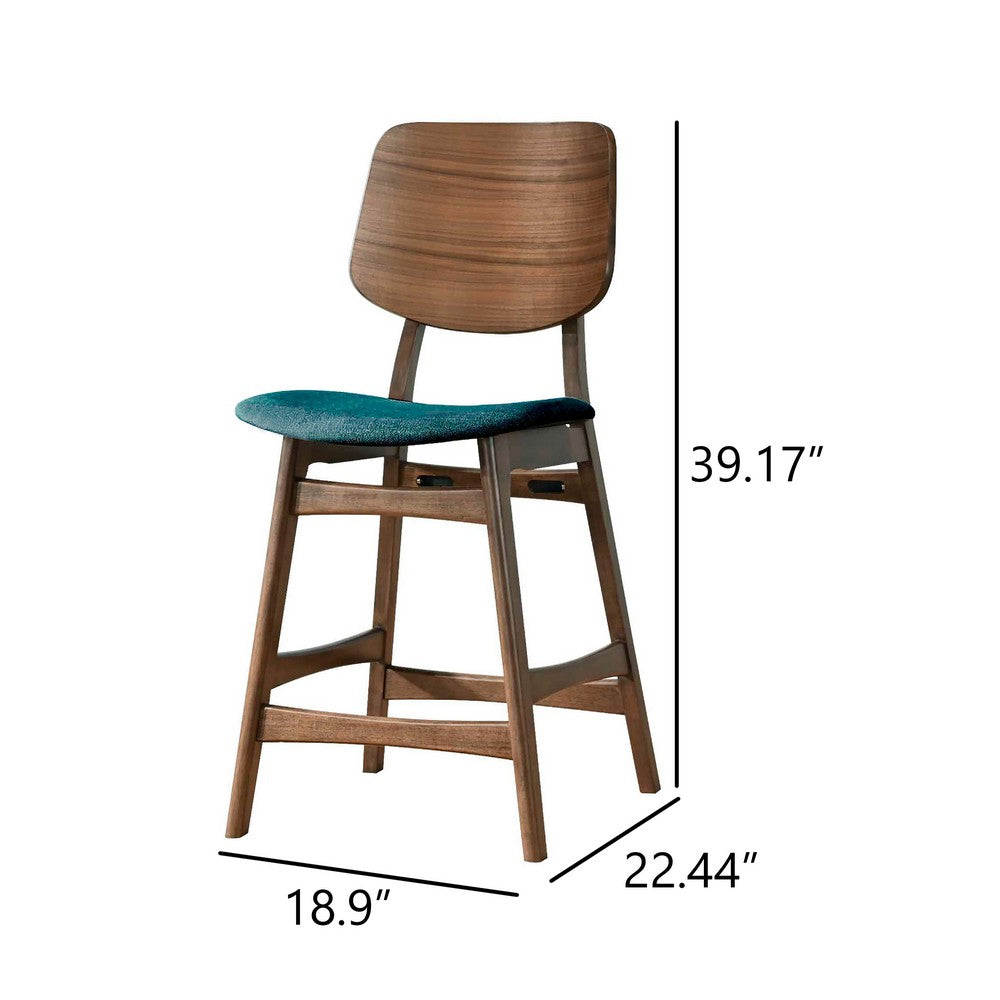 Benjara Scar Counter Height Chair Set of 2, Teal Green Cushion, Walnut Brown