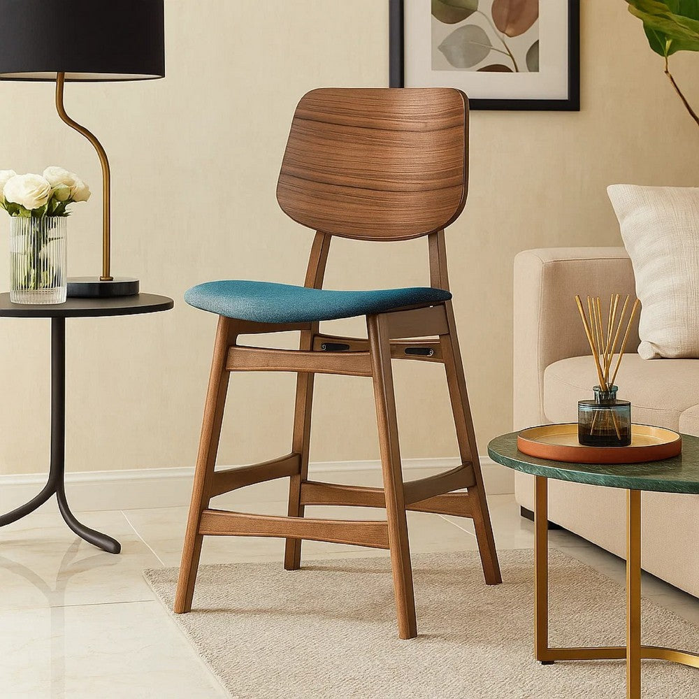 Benjara Scar Counter Height Chair Set of 2, Teal Green Cushion, Walnut Brown