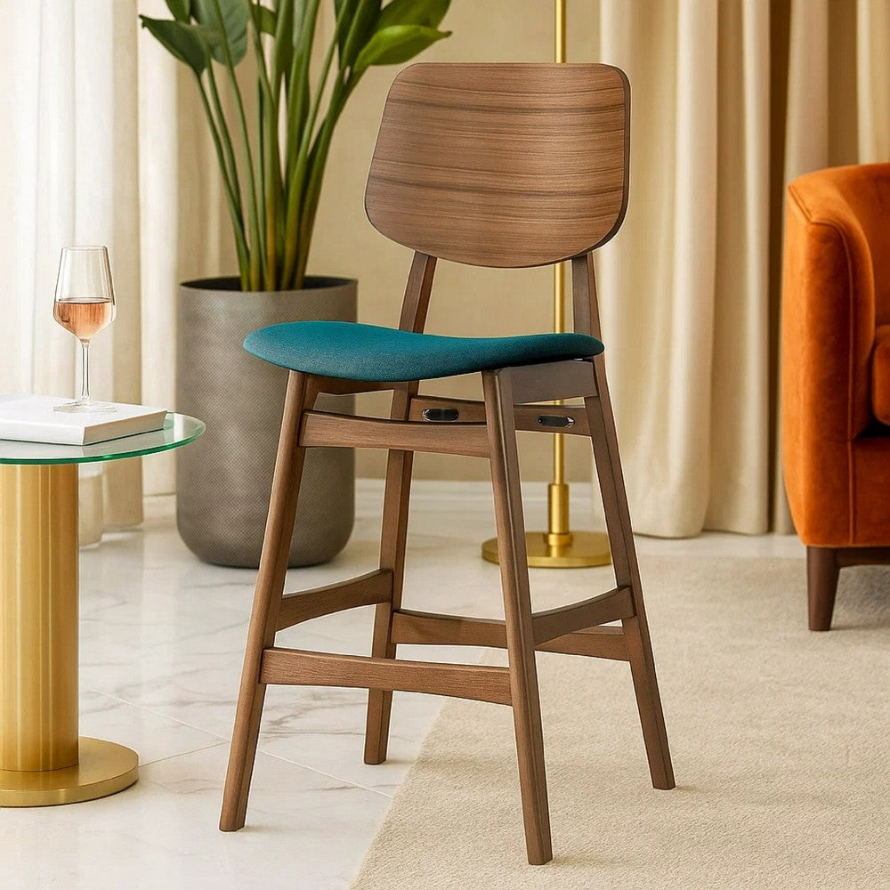 Benjara Scar Counter Height Chair Set of 2, Teal Green Cushion, Walnut Brown