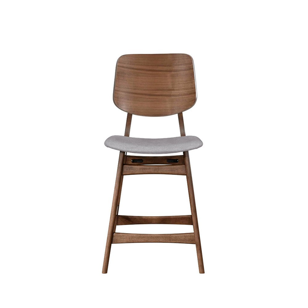 Benjara Scar Counter Height Chair Set of 2, Light Gray Cushion, Walnut Brown