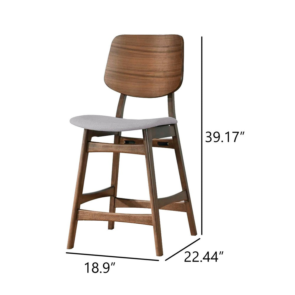Benjara Scar Counter Height Chair Set of 2, Light Gray Cushion, Walnut Brown