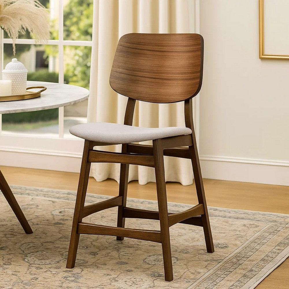 Benjara Scar Counter Height Chair Set of 2, Light Gray Cushion, Walnut Brown