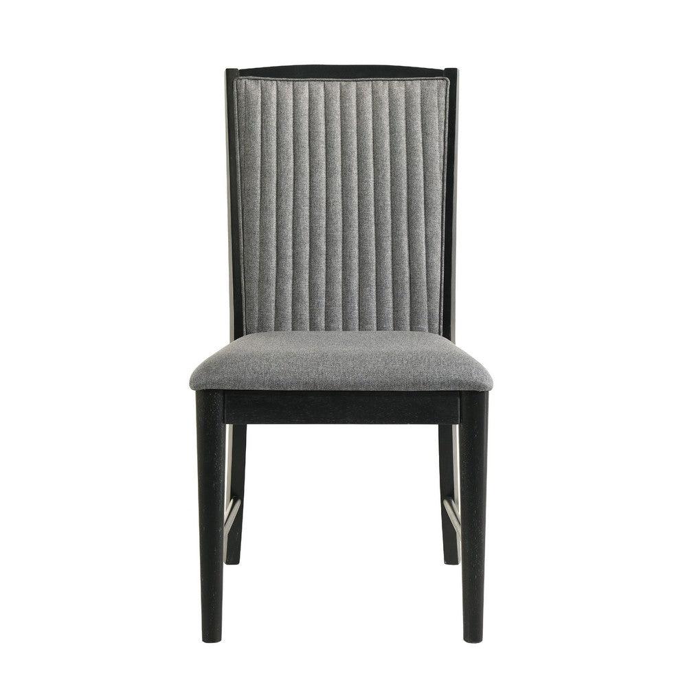 Benjara Sevy Dining Side Chair Set of 2, Gray Ribbed Back, Black Rubberwood