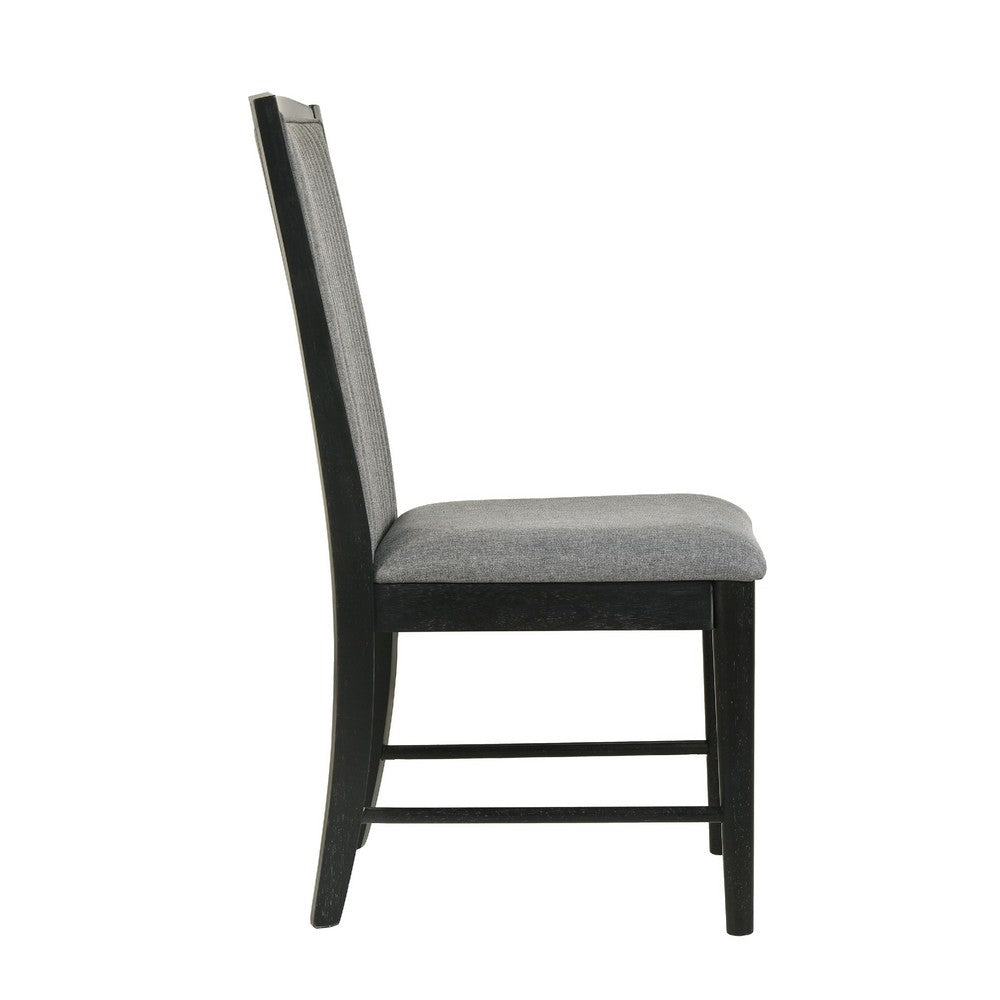 Benjara Sevy Dining Side Chair Set of 2, Gray Ribbed Back, Black Rubberwood