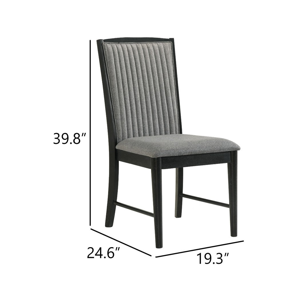 Benjara Sevy Dining Side Chair Set of 2, Gray Ribbed Back, Black Rubberwood