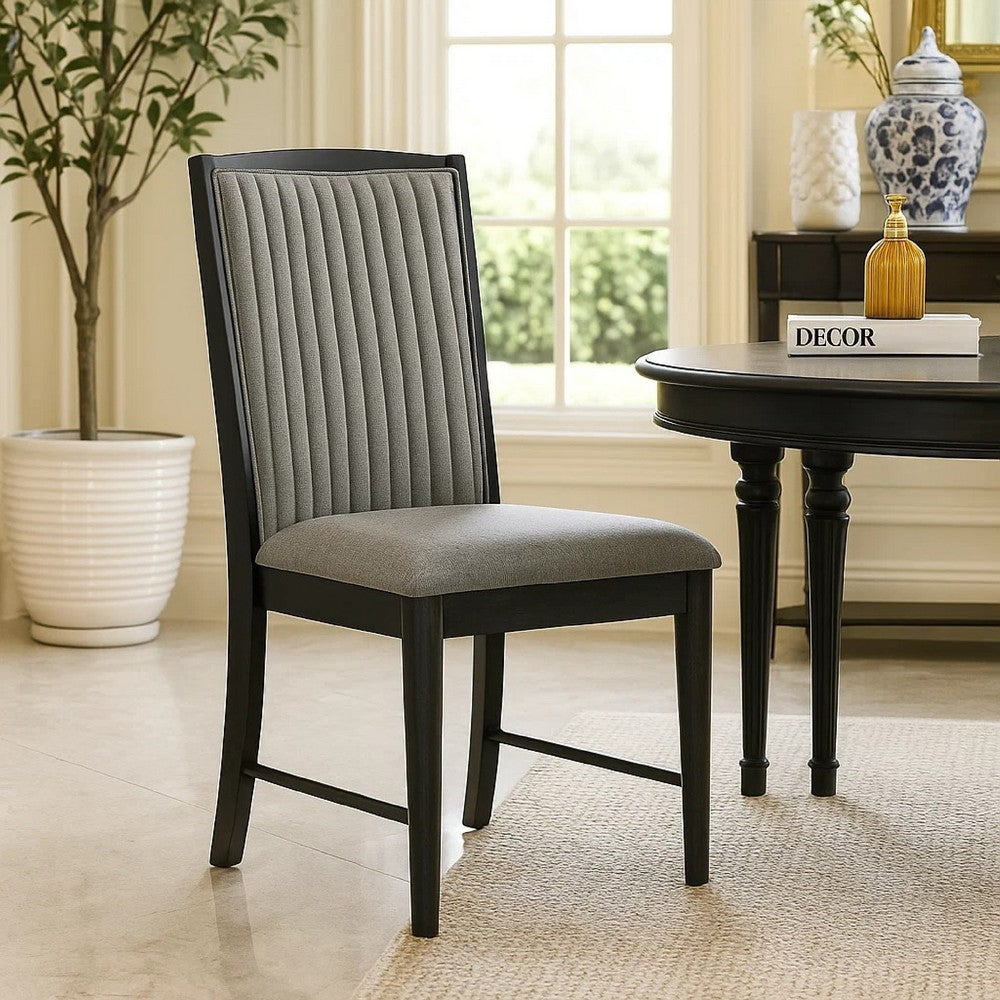 Benjara Sevy Dining Side Chair Set of 2, Gray Ribbed Back, Black Rubberwood