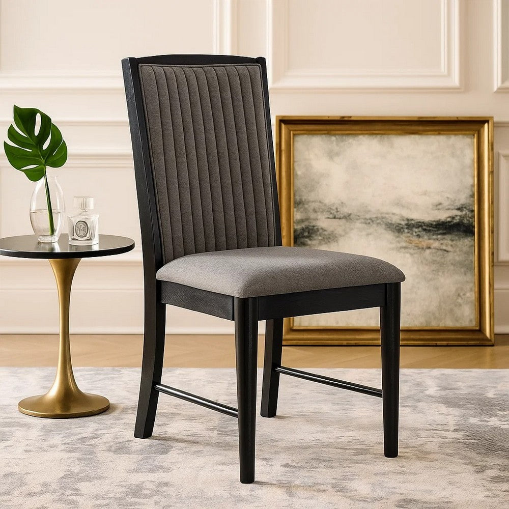 Benjara Sevy Dining Side Chair Set of 2, Gray Ribbed Back, Black Rubberwood