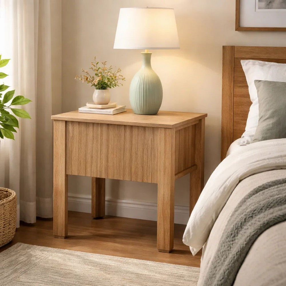 Benjara Modern Side End Table, 1 Drawer, Natural Oak Brown, 22x16 Inch Top