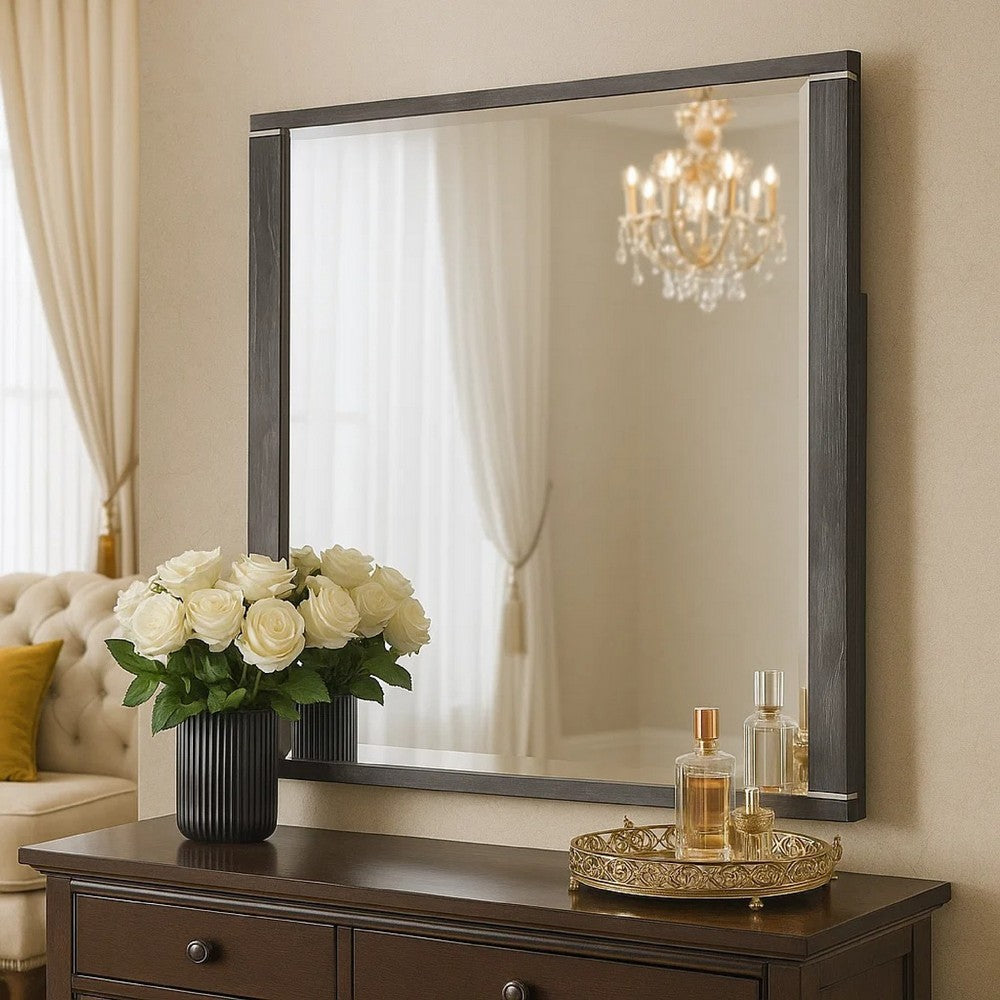 Benjara Odiy Vanity Dresser Mirror, Charcoal Gray, 42 Inch Solid Pine Wood