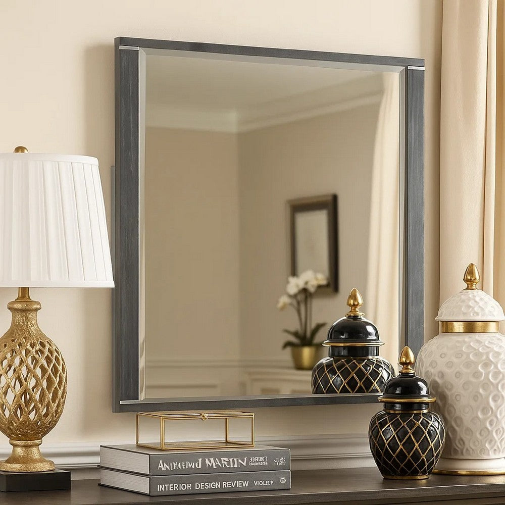 Benjara Odiy Vanity Dresser Mirror, Charcoal Gray, 42 Inch Solid Pine Wood