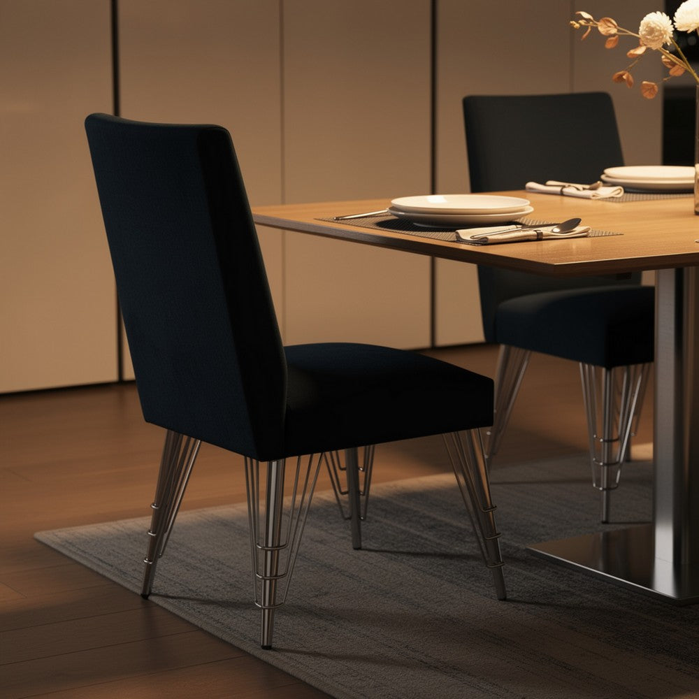 Benjara Zoe Dining Side Chair Set of 2, Black Velvet Upholstery, Chrome Legs