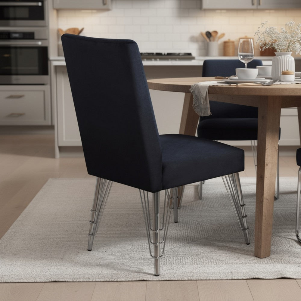 Benjara Zoe Dining Side Chair Set of 2, Black Velvet Upholstery, Chrome Legs