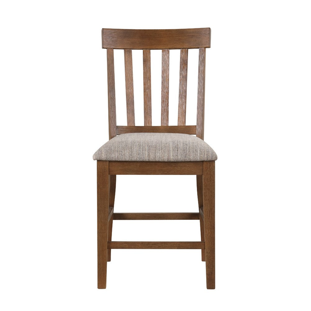 Benjara Counter Height Chair Set of 2, Brown Slatted Back, Gray Polyester