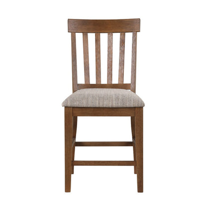 Benjara Counter Height Chair Set of 2, Brown Slatted Back, Gray Polyester