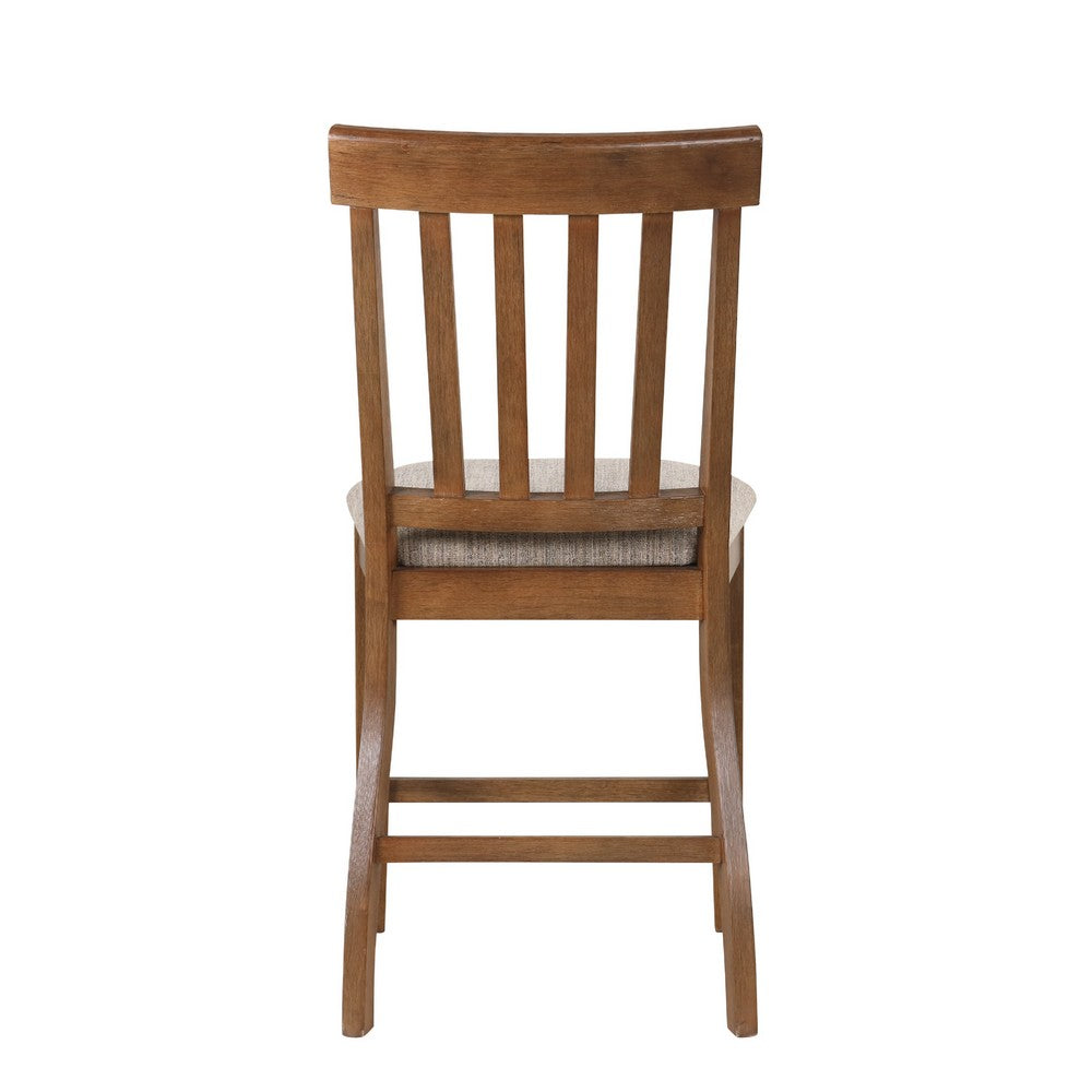 Benjara Counter Height Chair Set of 2, Brown Slatted Back, Gray Polyester
