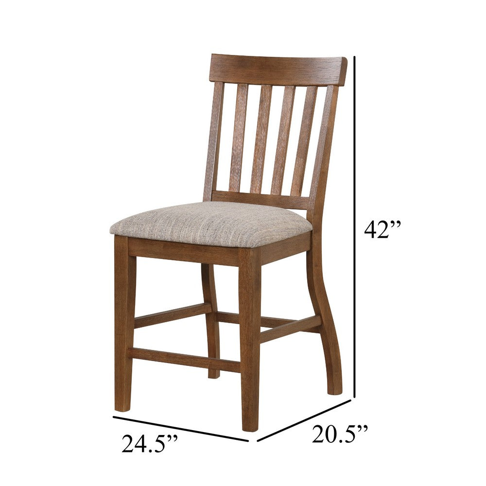 Benjara Counter Height Chair Set of 2, Brown Slatted Back, Gray Polyester