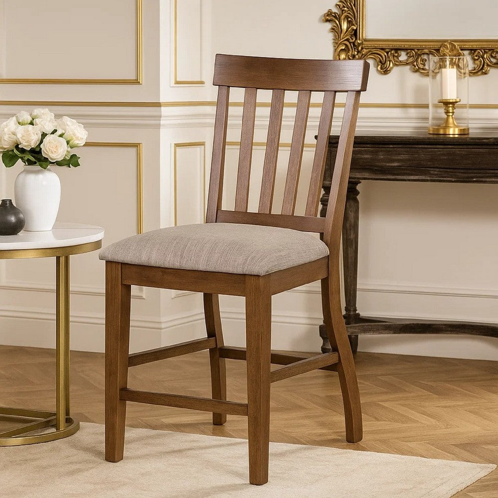 Benjara Counter Height Chair Set of 2, Brown Slatted Back, Gray Polyester