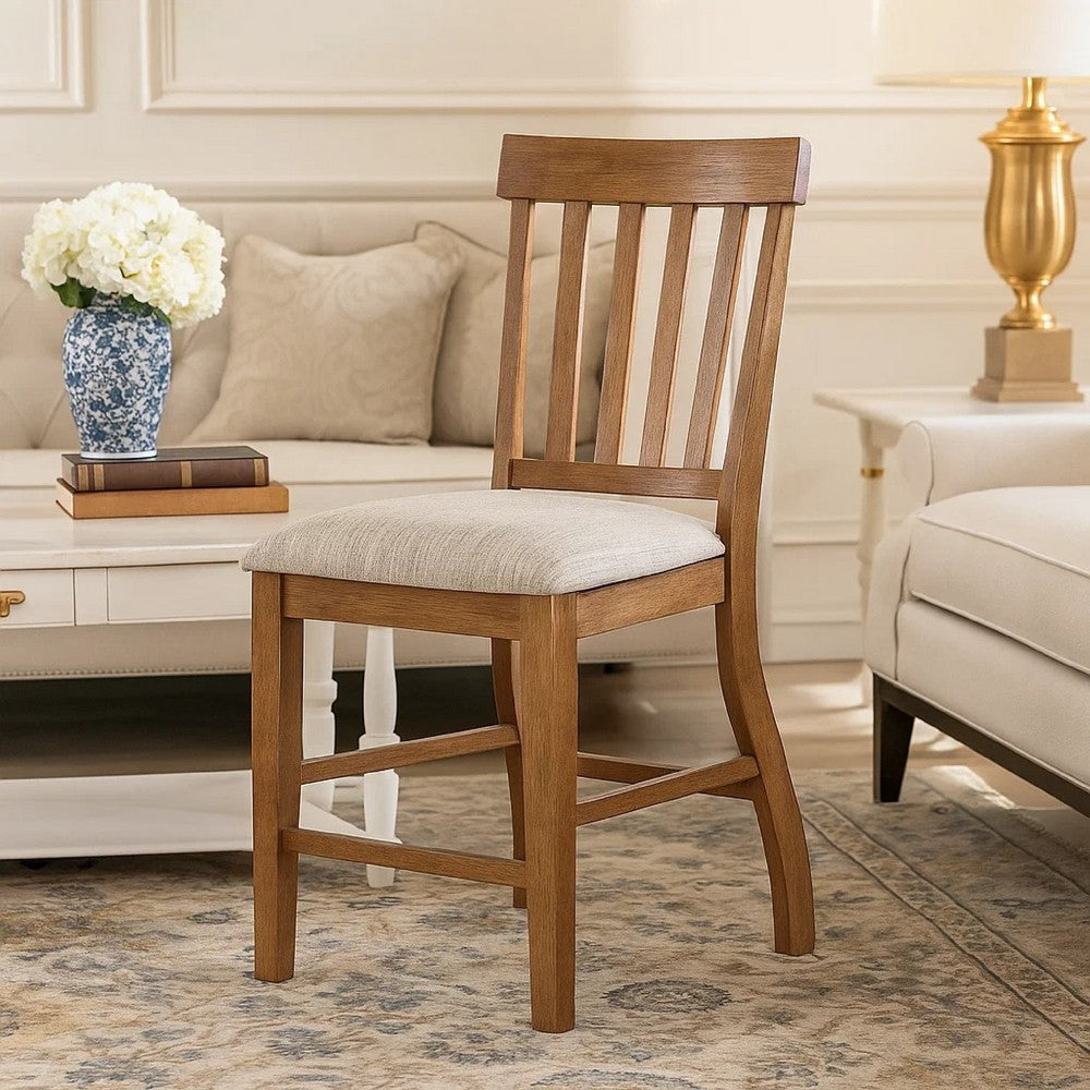 Benjara Counter Height Chair Set of 2, Brown Slatted Back, Gray Polyester