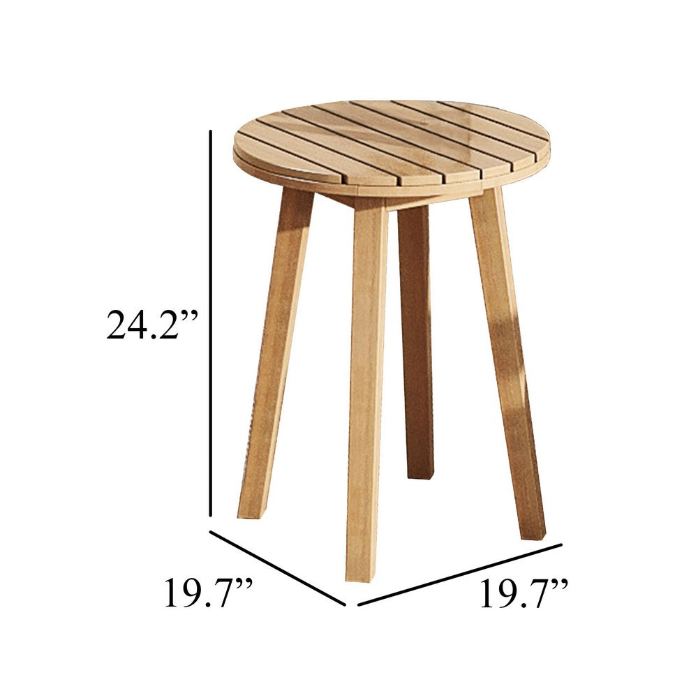 Benjara Heya Outdoor Side End Table, 20 Inch Slatted Round Top, Natural Brown