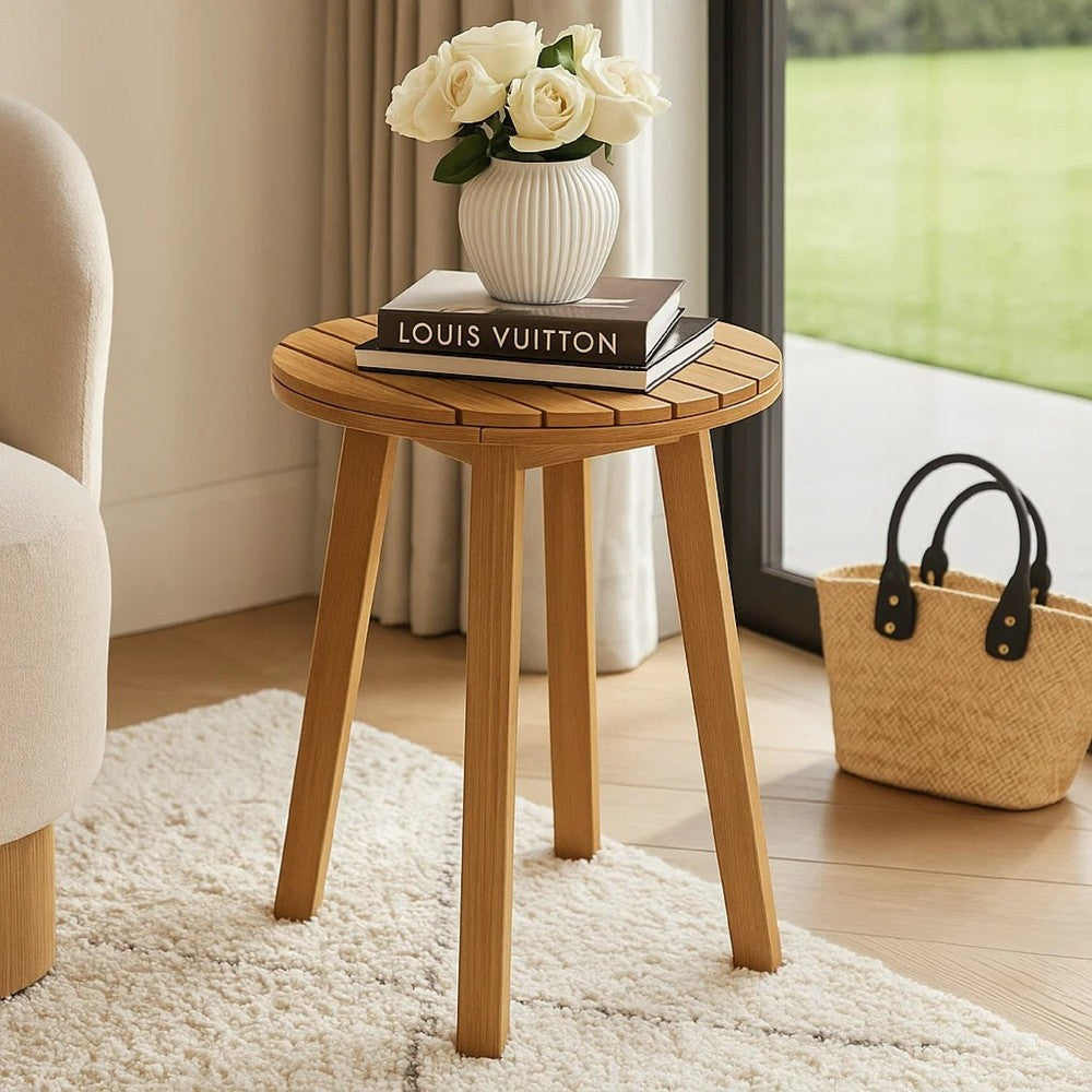 Benjara Heya Outdoor Side End Table, 20 Inch Slatted Round Top, Natural Brown
