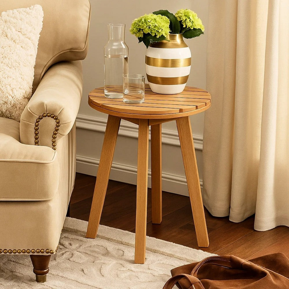 Benjara Heya Outdoor Side End Table, 20 Inch Slatted Round Top, Natural Brown