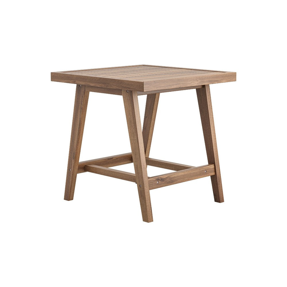 Benjara Outdoor Side End Table, 24 Inch Slatted Top, Natural Brown Acacia Wood