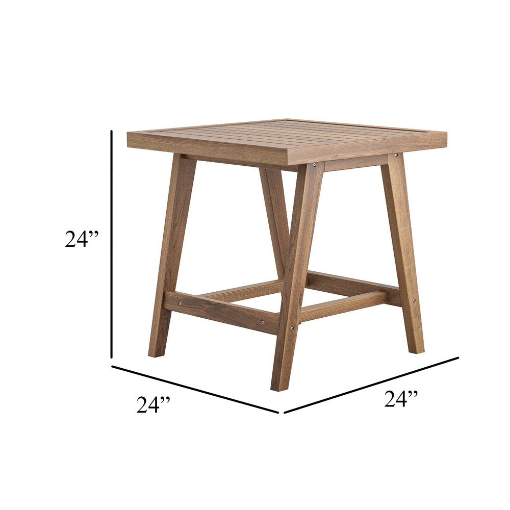 Benjara Outdoor Side End Table, 24 Inch Slatted Top, Natural Brown Acacia Wood