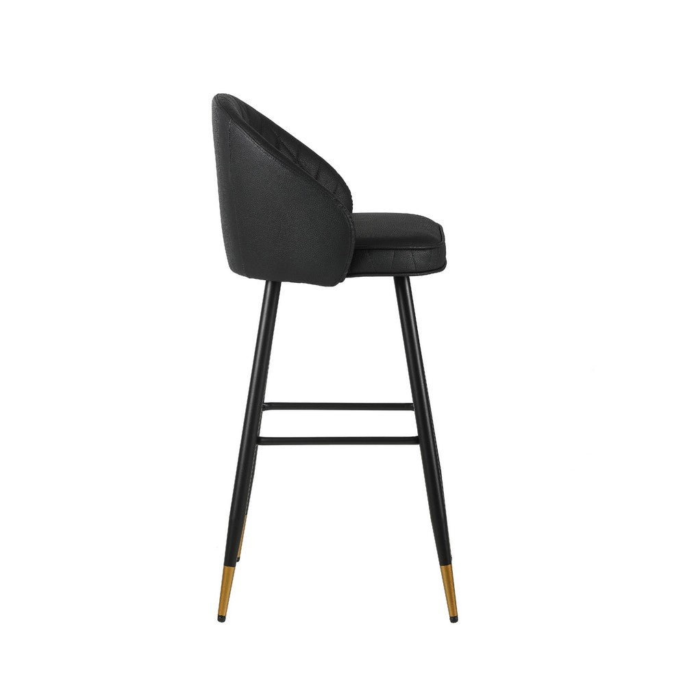 Benjara Oby Bar Height Chair Set of 2, Tufted Black Vegan Leather, Angled Legs