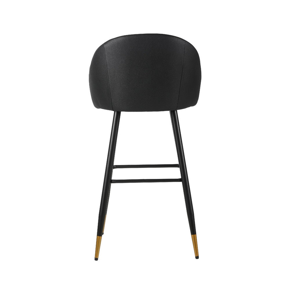 Benjara Oby Bar Height Chair Set of 2, Tufted Black Vegan Leather, Angled Legs