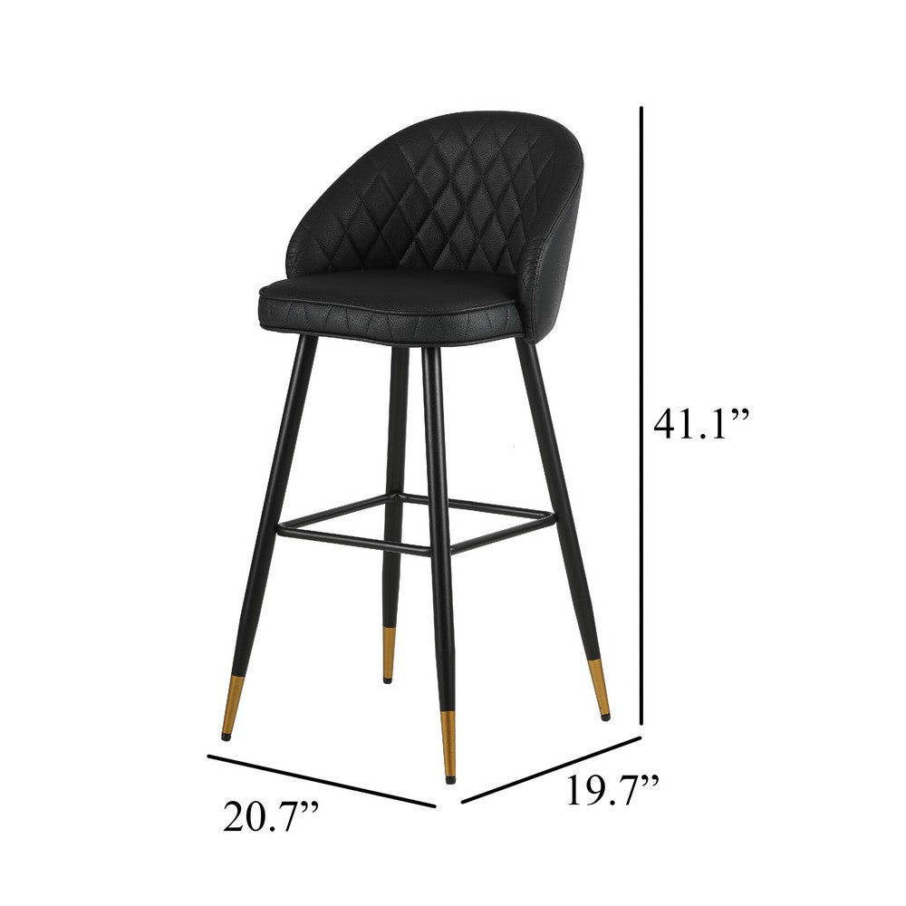 Benjara Oby Bar Height Chair Set of 2, Tufted Black Vegan Leather, Angled Legs