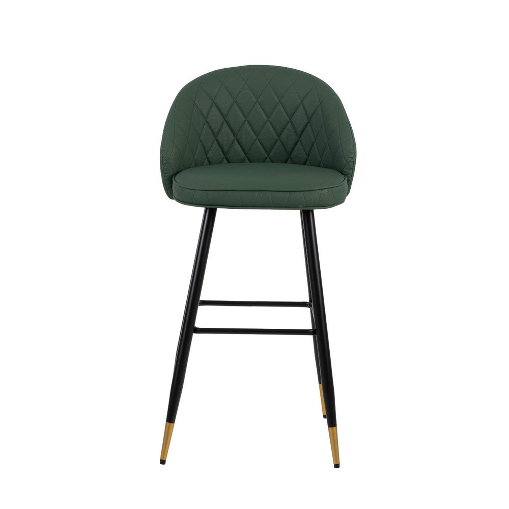 Benjara Oby Bar Height Chair Set of 2, Tufted Green Vegan Leather, Angled Legs