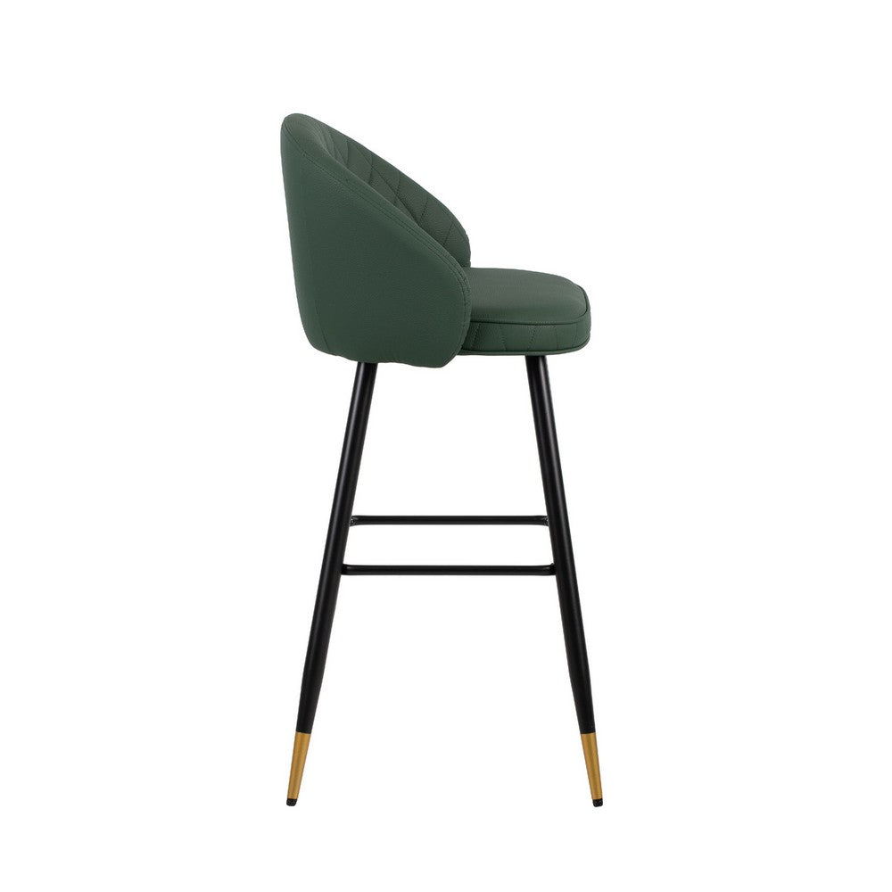 Benjara Oby Bar Height Chair Set of 2, Tufted Green Vegan Leather, Angled Legs