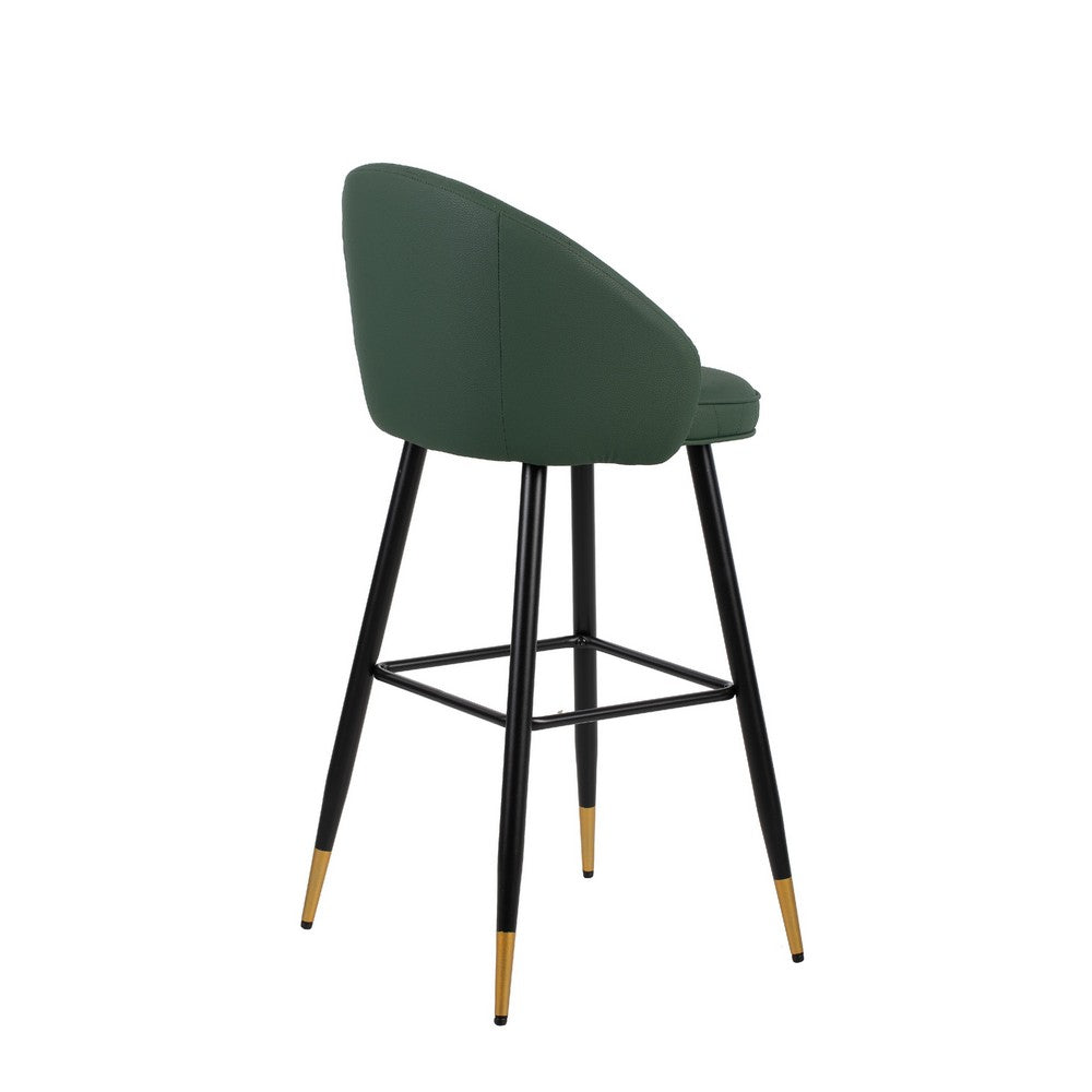 Benjara Oby Bar Height Chair Set of 2, Tufted Green Vegan Leather, Angled Legs
